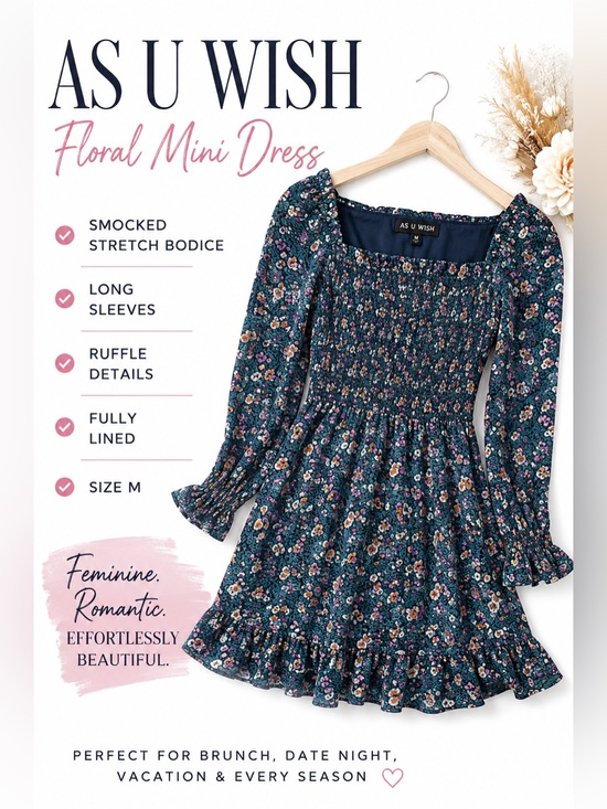 As U Wish Dresses & Skirts - As U Wish Floral Smocked Mini Dress Size M | Blue Teal Floral Long Sleeve Lined